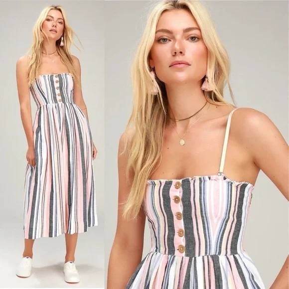Free People Dresses & Skirts - Free People Lilah Pleated Tube Striped Cotton Midi Dress Button Front Smocked M